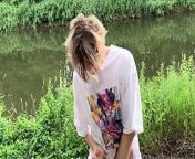 Masturbation with cum in the public woods by the lake from cute gay boy face