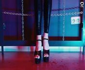 Slave Girl in Latex Catsuit in Electro-shock-heels from electro shock for bondage girl