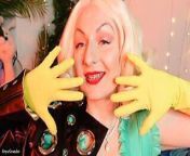 sexually blonde MILF - blogger Arya - teasing with yellow latex household gloves (FETISH) from asmr household cleaning