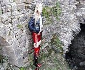 Pendragon Castle Part 1. Beenie playing outside with secret voyeur watching from mature exhibitionist wife plays with herself by river