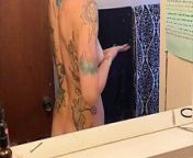Ignore Voyeur while lotioning tattoed naked body after shower from towel drop naked