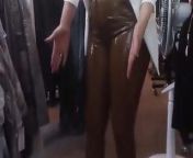Wife in brown Latex Pants in her boutique from 探花精品系列