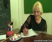 Two boys screw old granny teacher on the floor from old granny in see through bra and pantires