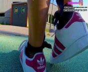 Girl in red Adidas Superstars does shoeplay, dipping fishnet socks from www adivasi xxx video comuisa