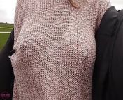 Boobwalk: Walking braless in a pink see through knitted sweater from braless in club
