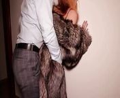 Homemade passionate sex in sexy black lingerie and fur coat from couples in fur coat