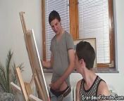 Two young artists share very old mature model from naked young woman