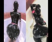 Rubber doll in a gas mask takes a bath from lesbian catsuit