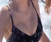 Nina Dobrev in bikini at the beach with blonde friend from blouse cleavage aunties