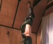 Mistress rides on the shoulders,in leather pants from shoulder riding slave