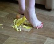 Fat legs bare feet mercilessly trampled banana and raw eggs. Crush Fetish. from u1f