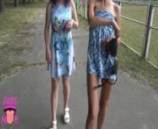 Two girls flashing pussy in public park, upskirt no panties from public flashing boobs