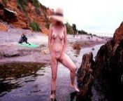 Nude beach summer day! Pee and sunbathed on public beach and then jerked off boyfriend dick from candid nudiste
