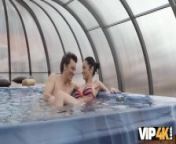 VIP4K. Chick tries swimming and being drilled by old boy in the pool from swimming boys